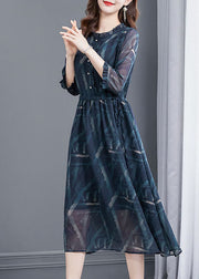 French Blue Ruffled Print Chiffon Cinched Dress Bracelet Sleeve