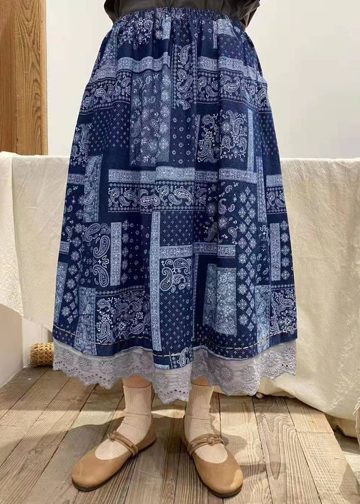 French Blue Ruffled Print Cotton Skirt Winter