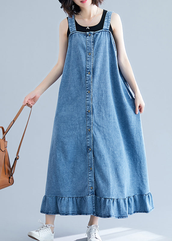 French Blue Rüschen Knopf Baumwoll-Denim-Träger-Kleid Sommer