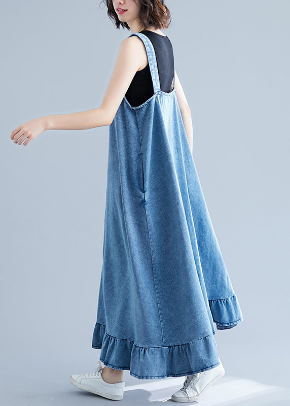 French Blue Rüschen Knopf Baumwoll-Denim-Träger-Kleid Sommer