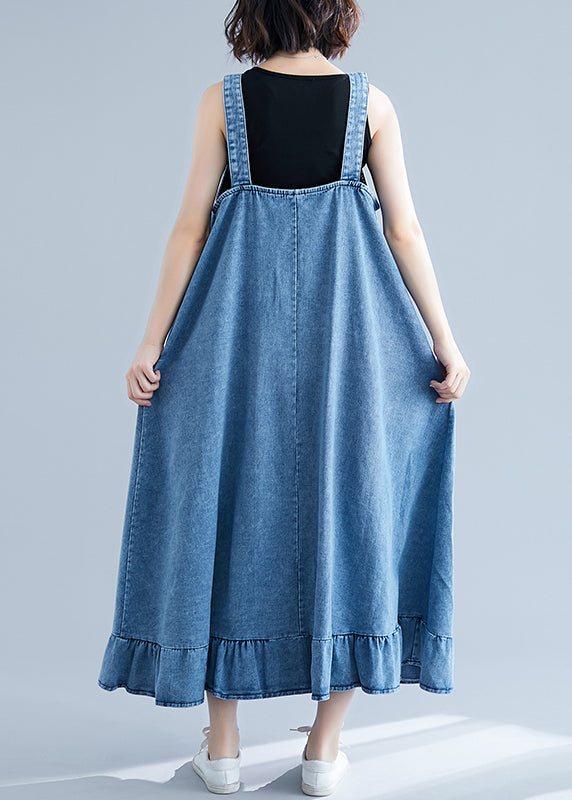 French Blue Ruffles Button Cotton Denim Strap Dress Summer