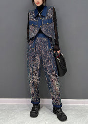 French Blue Sequins Tops And Pants Denim Two Piece Suit Set Fall