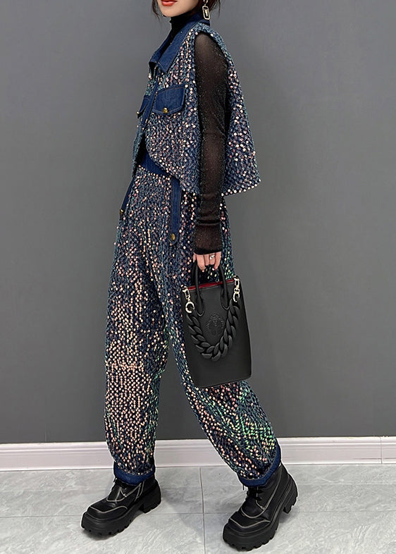 French Blue Sequins Tops And Pants Denim Two Piece Suit Set Fall