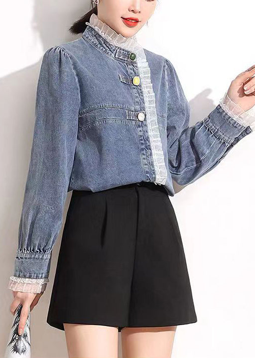 French Blue Stand Collar Asymmetrical Patchwork Lace Cotton Denim Coats Long Sleeve