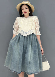 French Blue Stand Collar Hollow Out Lace Patchwork Cotton Denim Mid Dresses Short Sleeve