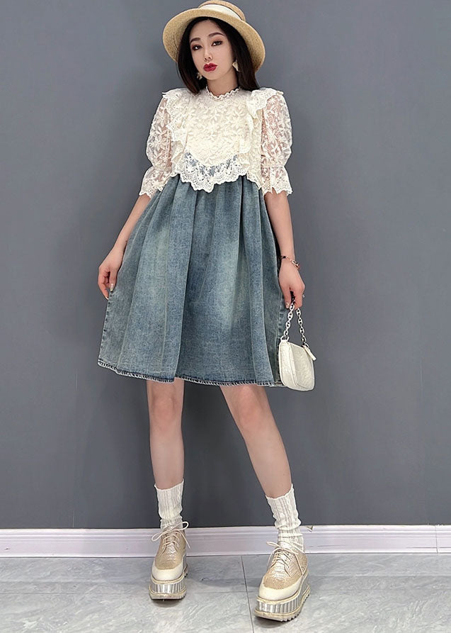 French Blue Stand Collar Hollow Out Lace Patchwork Cotton Denim Mid Dresses Short Sleeve