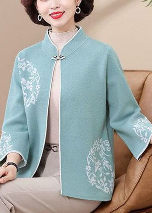 French Blue Stand Collar Print Woolen Coat Outwear Fall