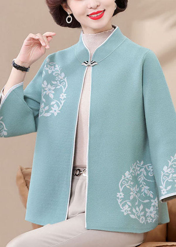 French Blue Stand Collar Print Woolen Coat Outwear Fall