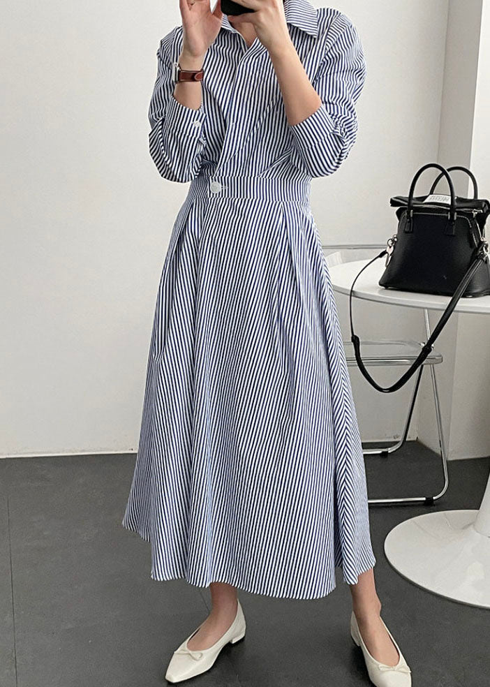 French Blue Striped Peter Pan Collar Patchwork Cotton Shirts Dress Spring