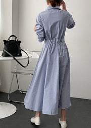 French Blue Striped Peter Pan Collar Patchwork Cotton Shirts Dress Spring
