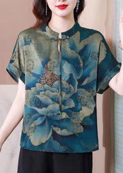 French Blue Tasseled Print Patchwork Silk Tops Summer