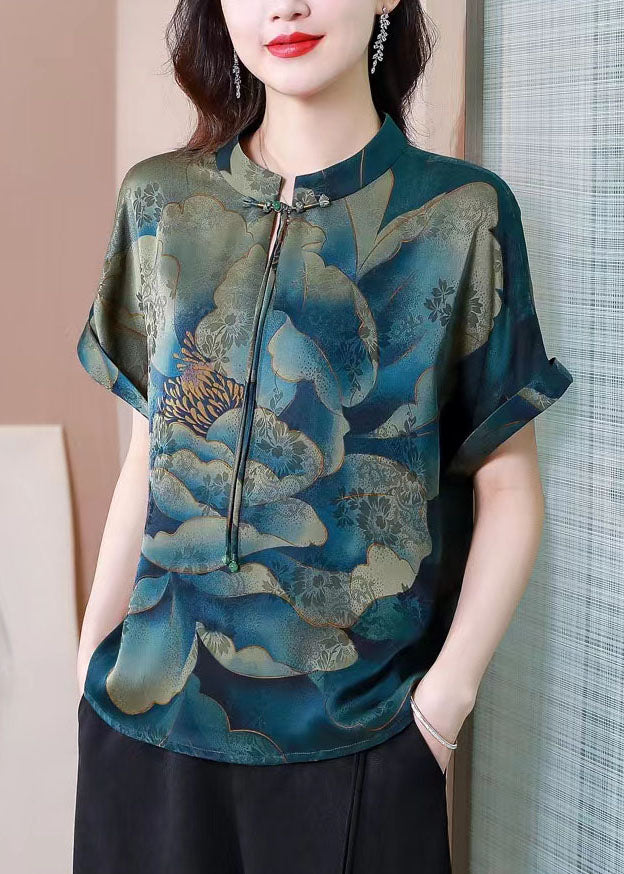 French Blue Tasseled Print Patchwork Silk Tops Summer