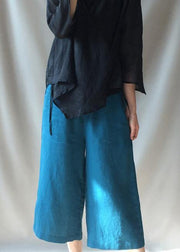 French Blue Trousers Plus Size Elastic Waist Pockets Tutorials Women Trousers - SooLinen