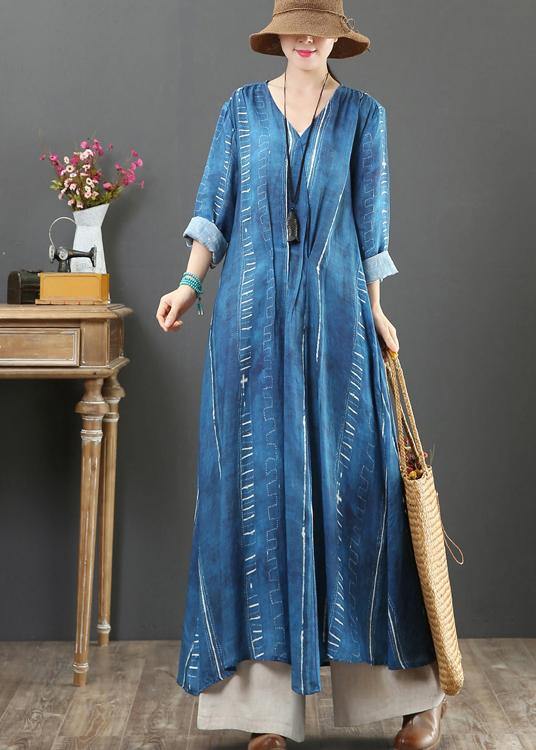 French Blue Tunic Dress V Neck large hem A Line Spring Dresses - SooLinen