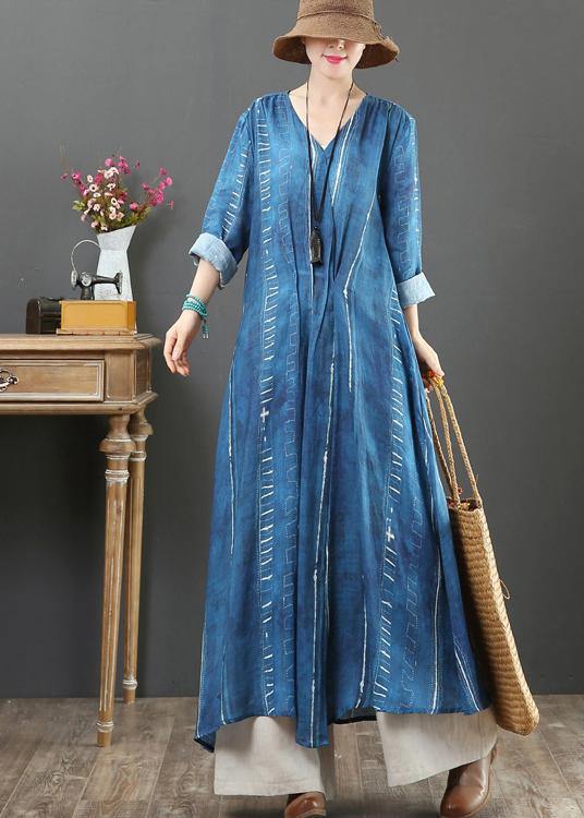 French Blue Tunic Dress V Neck large hem A Line Spring Dresses - SooLinen
