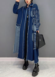 French Blue Turn-down Collar Patchwork Denim Fabric Coat Spring
