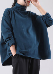 Französischer blauer Rollkragenpullover aus Baumwolle Streetwear Frühling