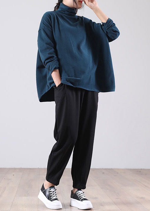 Französischer blauer Rollkragenpullover aus Baumwolle Streetwear Frühling