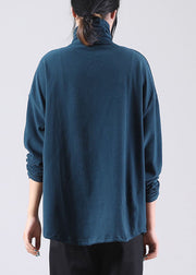 French Blue Turtle Neck Cotton Pullover Street wear Spring