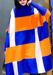 French Blue Turtleneck Patchwork Fall Striped Knitwear Dress - SooLinen