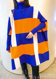 French Blue Turtleneck Patchwork Fall Striped Knitwear Dress - SooLinen