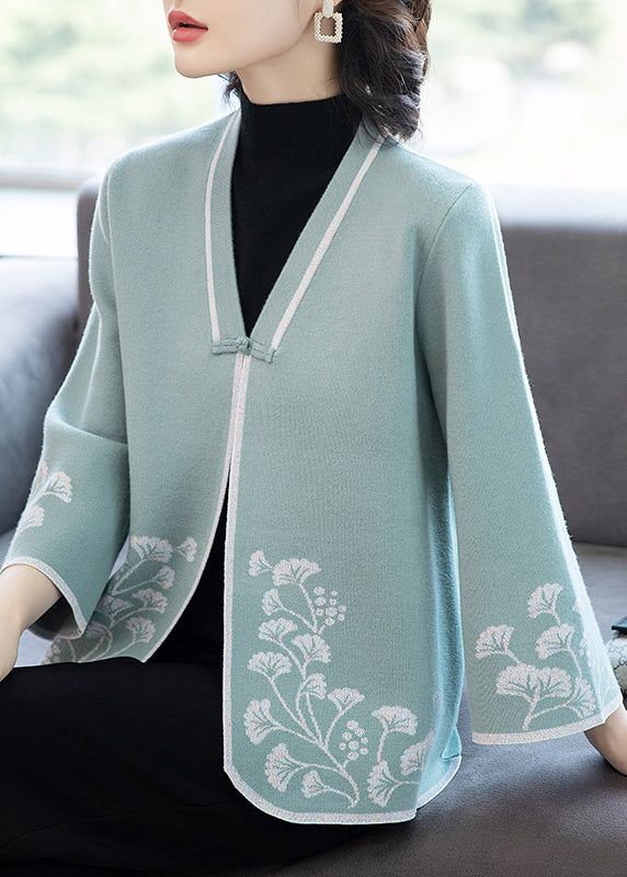 French Blue V Neck Button Print Patchwork Knit Coats Fall
