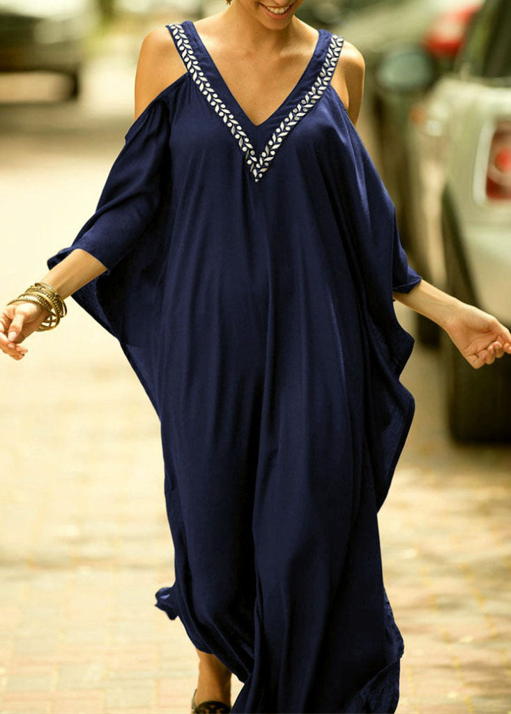 French Blue V-Ausschnitt Cold Shoulder Kimono Robe Kleider Sommer