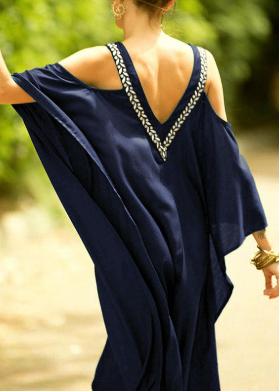 French Blue V Neck Cold Shoulder kimono robe Dresses Summer