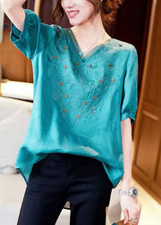 French Blue V Neck Embroidered Patchwork Cotton T Shirt Short Sleeve