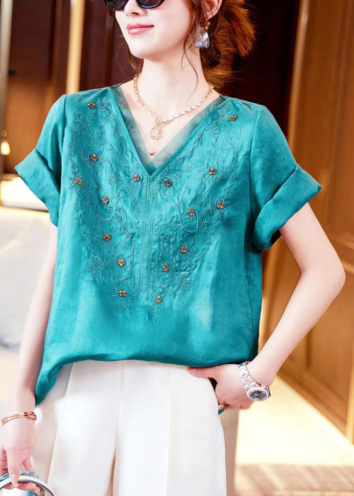 French Blue V Neck Embroidered Patchwork Cotton T Shirt Short Sleeve
