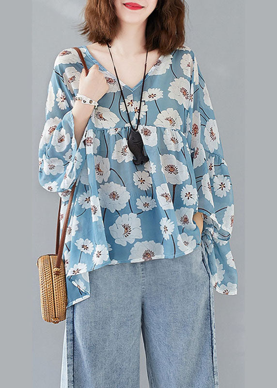 French Blue V-Neck Print Patchwork Fall Half Sleeve Top