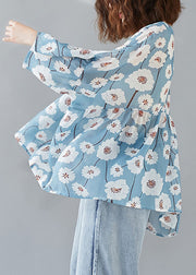 French Blue V-Neck Print Patchwork Fall Half Sleeve Top