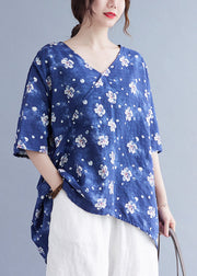 French Blue V Neck Print asymmetrisches Design Fall Half Sleeve Shirt Top