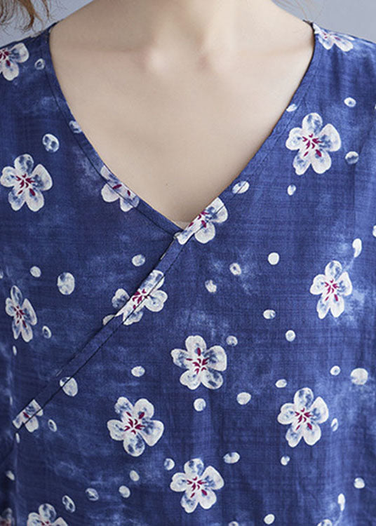 French Blue V Neck Print asymmetrical design Fall Half Sleeve Shirt Top