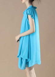 French Blue V Neck Ruffled Patchwork Chiffon Dress Summer