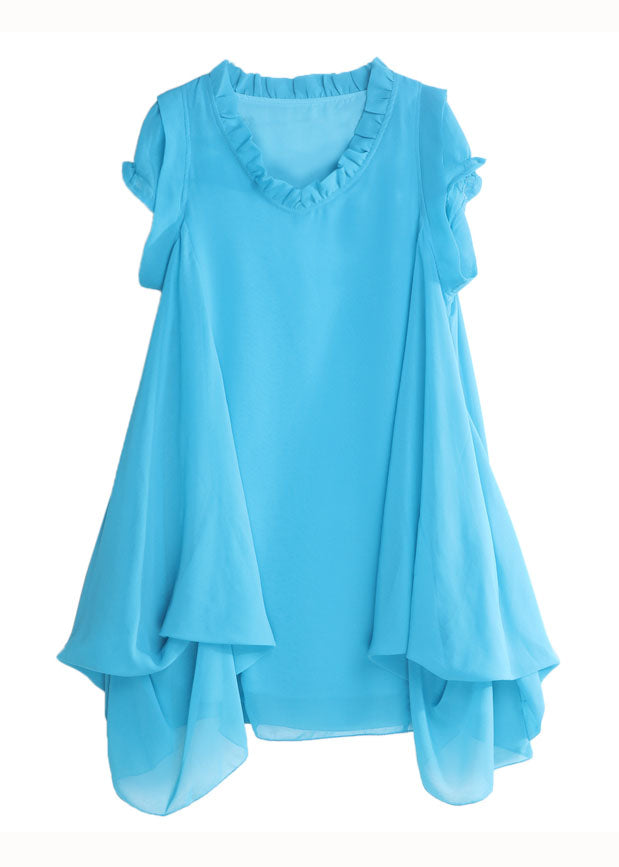 French Blue V Neck Ruffled Patchwork Chiffon Dress Summer