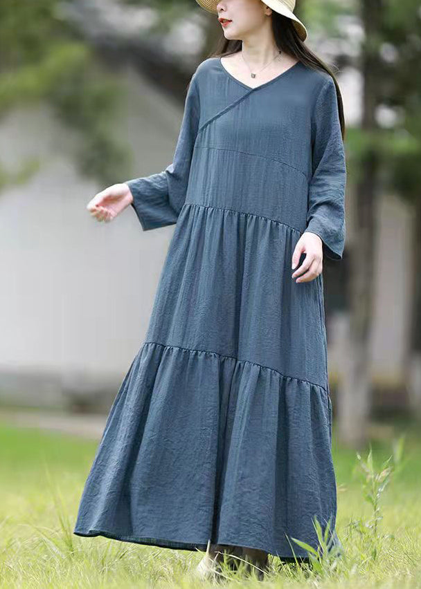 French Blue V-Ausschnitt Rüschen Patchwork Holiday Dress Langarm