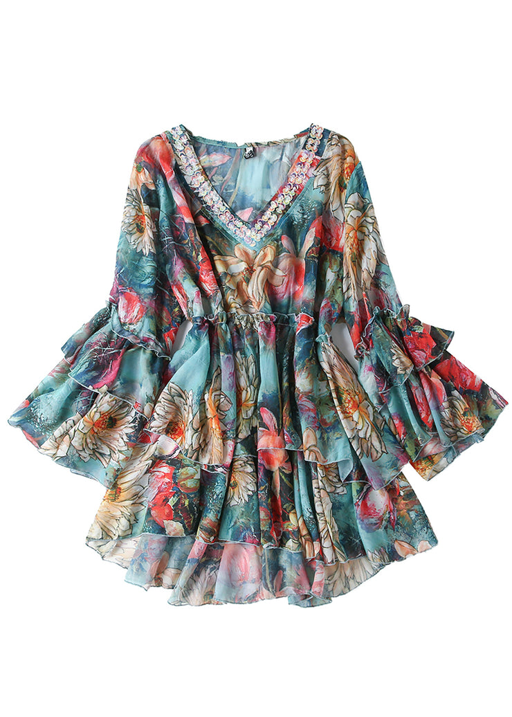 French Blue V Neck Sequins Print Chiffon Top Spring