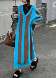 French Blue V Neck Striped Patchwork Cozy Knit Sweater Dress Winter