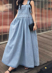 French Blue Wrinkled Patchwork Denim Long Dress Sleeveless