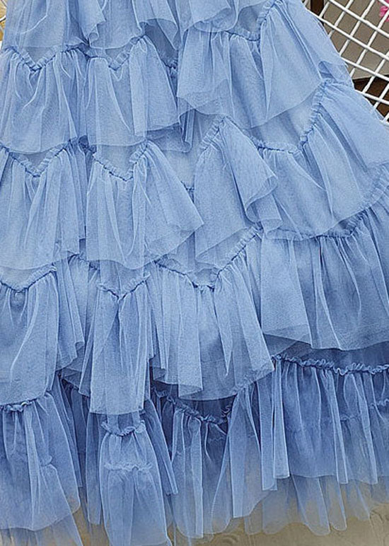 French Blue Wrinkled Patchwork Tulle Holiday Skirt Summer