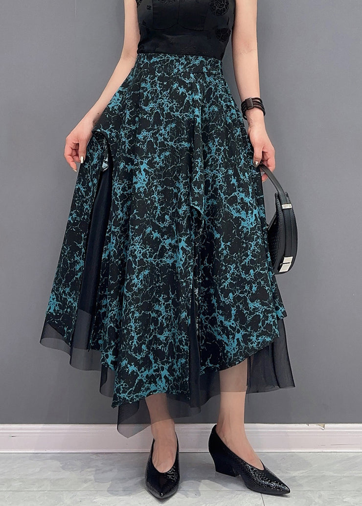 French Blue Wrinkled Print Asymmetrical Patchwork Chiffon Skirts Summer