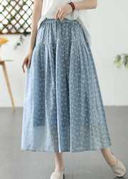 French Blue Wrinkled Print Elastic Waist Patchwork Cotton Skirt Summer
