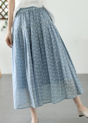 French Blue Wrinkled Print Elastic Waist Patchwork Cotton Skirt Summer