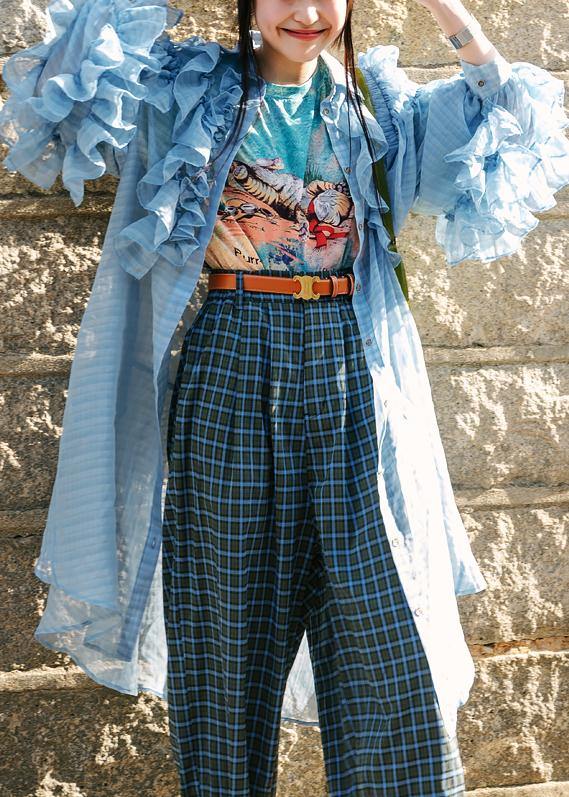 French Blue Wrinkled Ruffled Summer Chiffon Shirts Long Sleeve - SooLinen