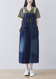 French Blue Zip Up Side Open Pockets Cotton Denim Strap Dresses Spring