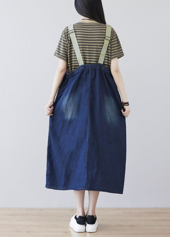 French Blue Zip Up Side Open Pockets Cotton Denim Strap Dresses Spring
