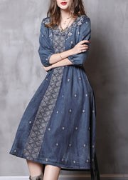 French Blue elastic waist V Neck Embroidered Cotton Dresses Half Sleeve