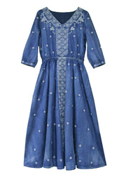 French Blue elastic waist V Neck Embroidered Cotton Dresses Half Sleeve