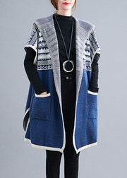 French Blue hooded Casual side open Short Sleeve Fall Knit sweaters Coat